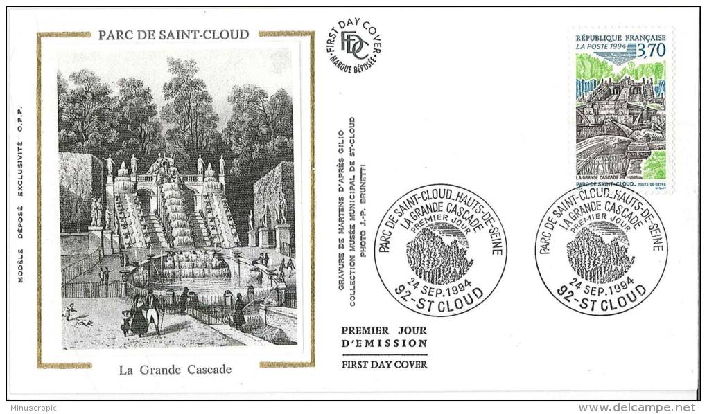Enveloppe FDC Soie - Le Parc De Saint Cloud - La Grande Cascade - Saint Cloud - 1994 - 1990-1999