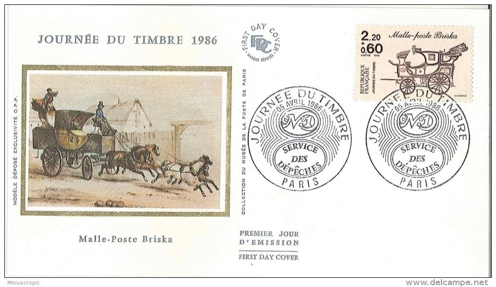 Enveloppe FDC Soie - Journée Du Timbre 1986 - Malle Poste Briska - Paris - 1986 - 1980-1989