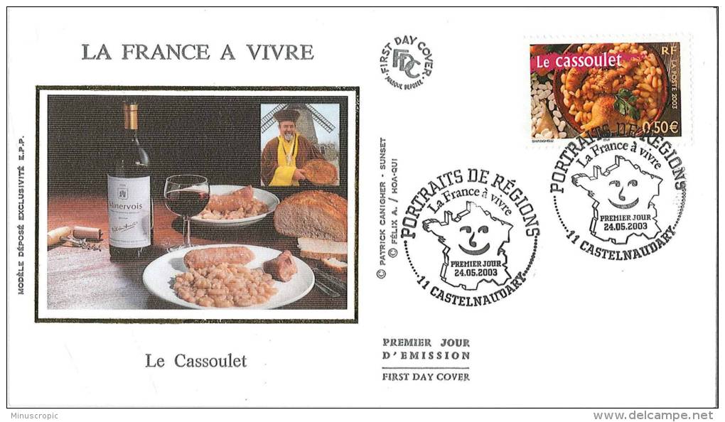 Enveloppe FDC Soie - La France à Vivre - Le Cassoulet - Castelnaudary - 2003 - 2000-2009