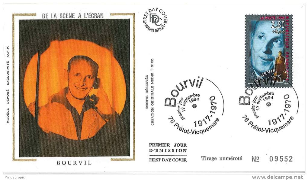 Enveloppe FDC Soie - De La Scène à L'écran - Bourvil - Prétot Vicquemare - 1994 - 1990-1999