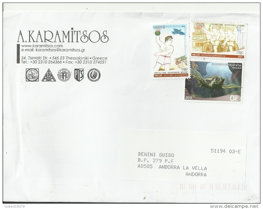 GREECE 2014 - COVER MAILED TO ANDORRA W 3 STS:2 OF 0,3-0,67 € (2008 OLYMPICS)+ 1 OF € 0,20 (TORTLE) NOT OBLITERATED REGR - Briefe U. Dokumente