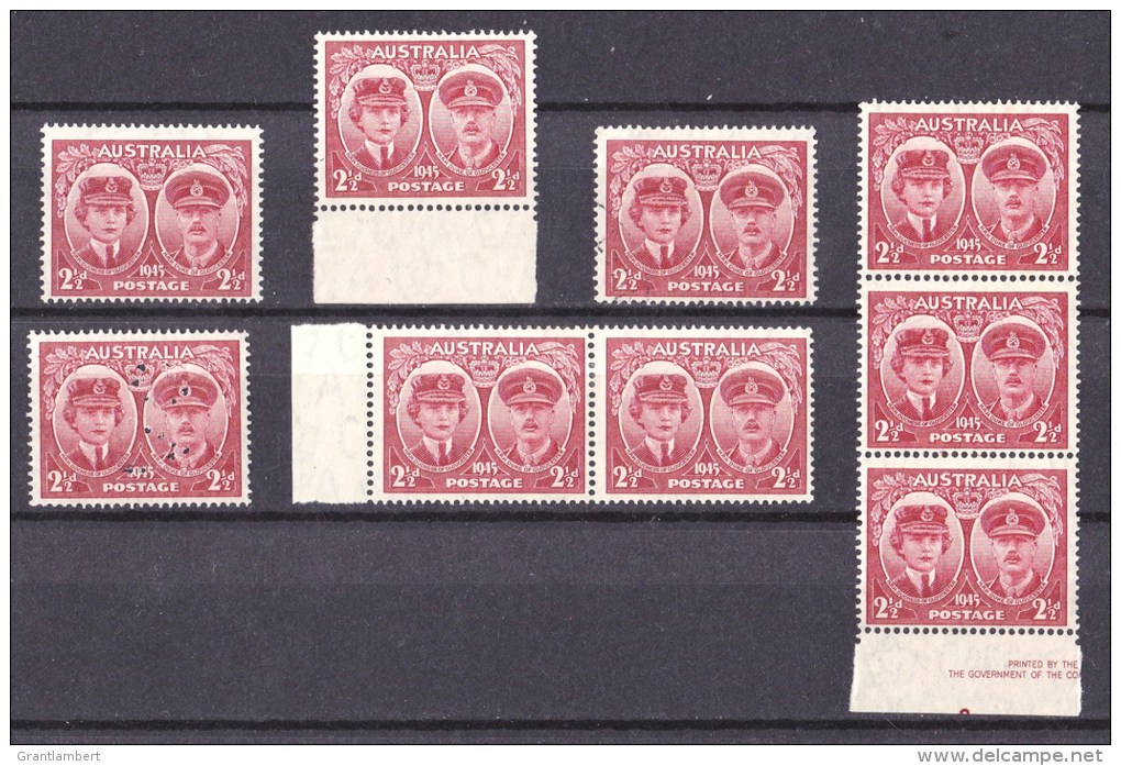 Australia 1945 Duke Of Gloucester 21/2d Study Group: MNH, MH, CTO, Perf VG MNH, MH Pair, MNH Part Imprint Strip Of 3 - Nuevos