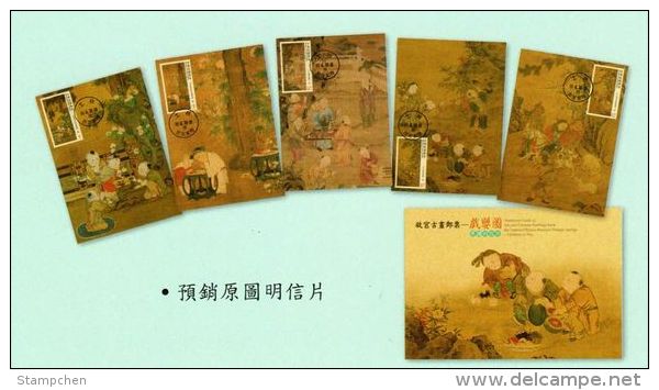 Maxi Cards(A) Taiwan 2014 Ancient Chinese Painting-Children At Play Stamps Buddha Summer Autumn Winter Rock Flower - Cartes-maximum