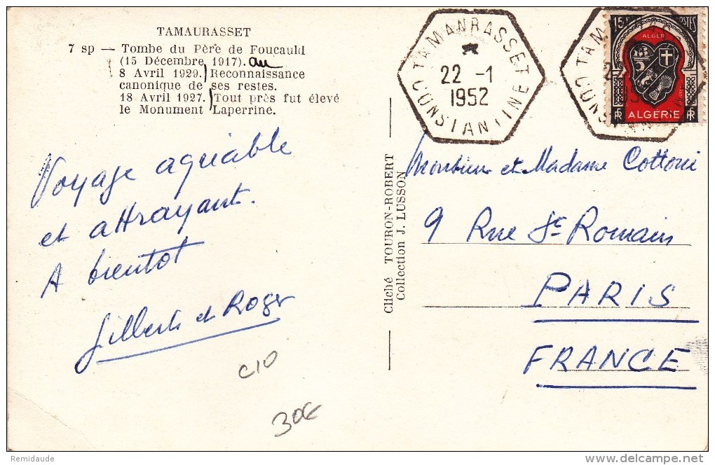 ALGERIE - 1952 - CARTE POSTALE De TAMANRASSET (CONSTANTINE) - CACHET IND10 = 70 EUROS - Covers & Documents