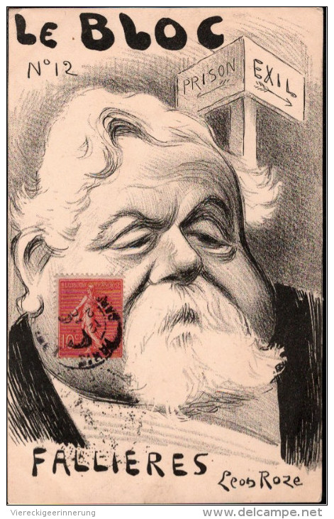 ! 1906 Le Bloc No. 12, Armand Fallieres, Frankreich Politik, Satirische Künstlerkarte Leon Roze, Caricature, Politique - Satirische