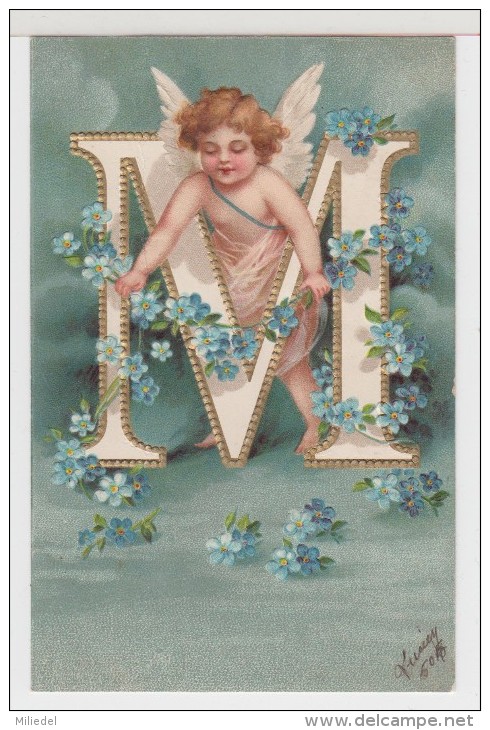 Carte Gauffrée ALPHABET Lettre M, Ange Et Fleurs Bleues (angel, Angelo) - Anges