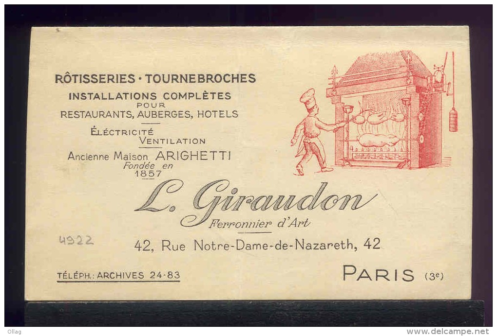 8047 - CARTE DE VISITE COMMERCIAL DOUBLE PARIS INSTALLATIONS ROTISSERIE TOURNE BROCHE   - COMME TOUJOURS PRIX 1 EURO - Unclassified