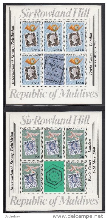 Maldives MNH Scott #853-#854 Set Of 2 Minisheets Of 5 Plus Labels Overprinted 'London 1980' - Maldivas (1965-...)