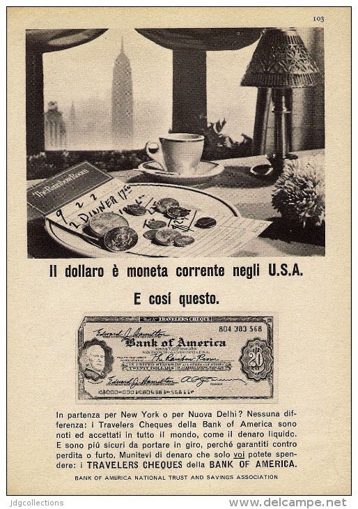 # BANK OF AMERICA - TRAVELER'S CHEQUES 1950s Car Italy Advert Pub Pubblicità Reklame Banca Assegni Cheque Reiseschecks - Cheques & Traveler's Cheques