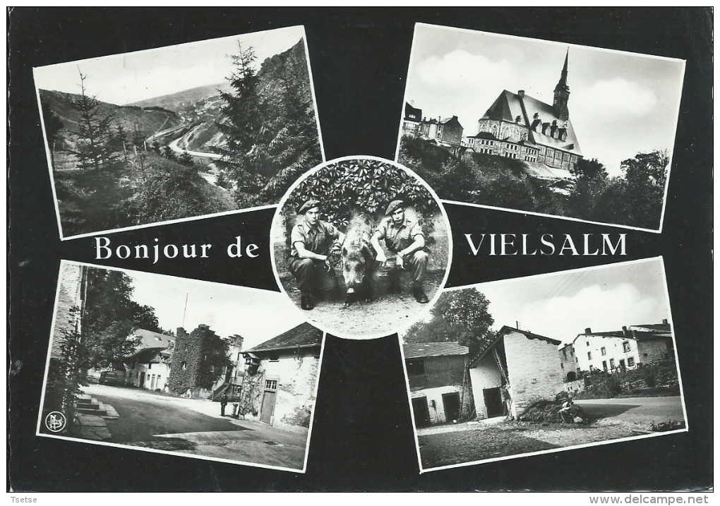 Vielsalm -Bonjour De … - 5 Vues Et Au Centre : Chasseurs Ardennais Avec Mascotte - 1963 - Vielsalm