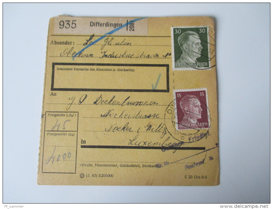 Luxemburg Differdingen Paketkarte. Deutsche Besatzung 1943 - 1940-1944 Deutsche Besatzung