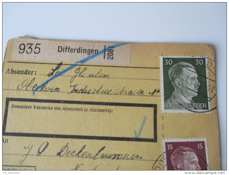 Luxemburg Differdingen Paketkarte. Deutsche Besatzung 1943 - 1940-1944 Occupazione Tedesca