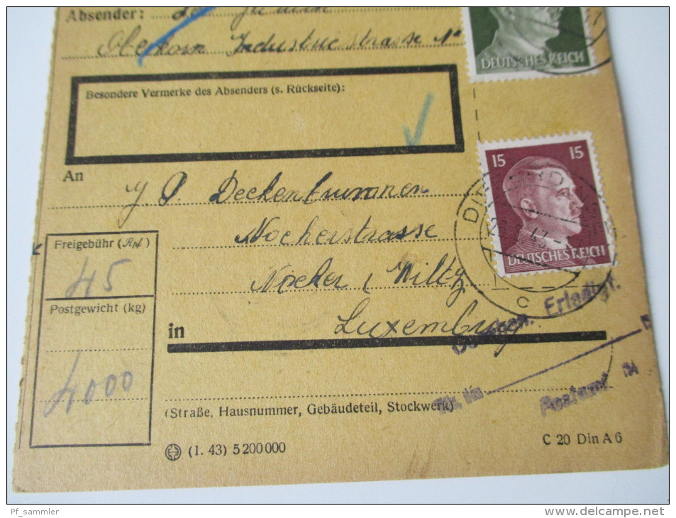 Luxemburg Differdingen Paketkarte. Deutsche Besatzung 1943 - 1940-1944 Deutsche Besatzung