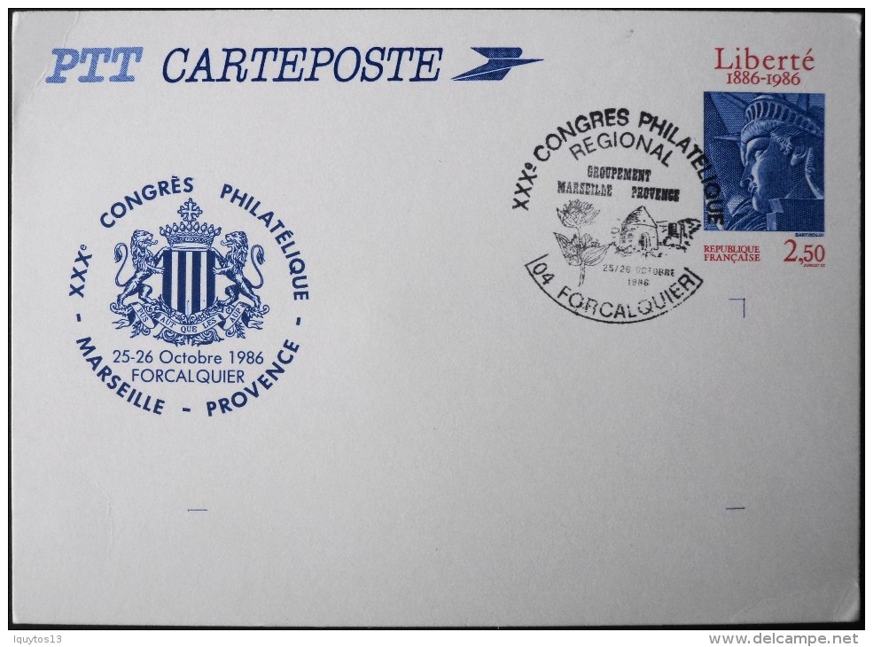 CARTE POSTALE - XXXe Congrès Philatélique Marselle - Provence - Forcalquier Le 25- 26.oct.1986 - Très Bon état - Overprinter Postcards (before 1995)