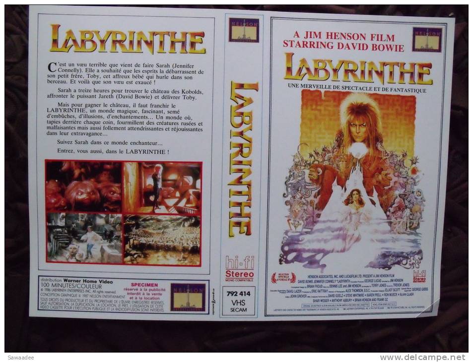 JAQUETTE - VHS - LABYRINTHE - DAVID BOWIE - SPECIMEN RESERVE A LA PUBLICITE - Fantascienza E Fanstasy