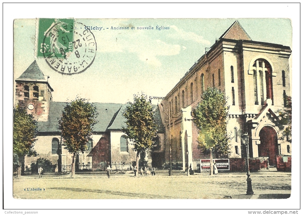 Cp, 92, Clichy, Ancienne Et Nouvelle Eglises, Voyagée 1913 - Clichy