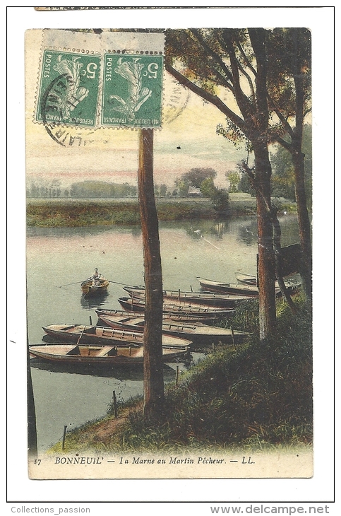 Cp, 94, Bonneuil, La Marne Au Martin Pêcheur, Voyagée 1911 - Bonneuil Sur Marne