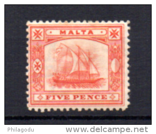 1899   5p Galère Ancienne, Yv.  14*, Cote 45 € - Malte