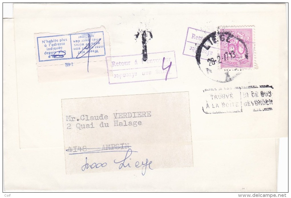 855 Op Drukwerkbandje (imprime) Met Stempel LIEGE Naar AMPSIN, TAXE + Stempel TROUVE A LA BOITE + RETOUR - 1951-1975 León Heráldico