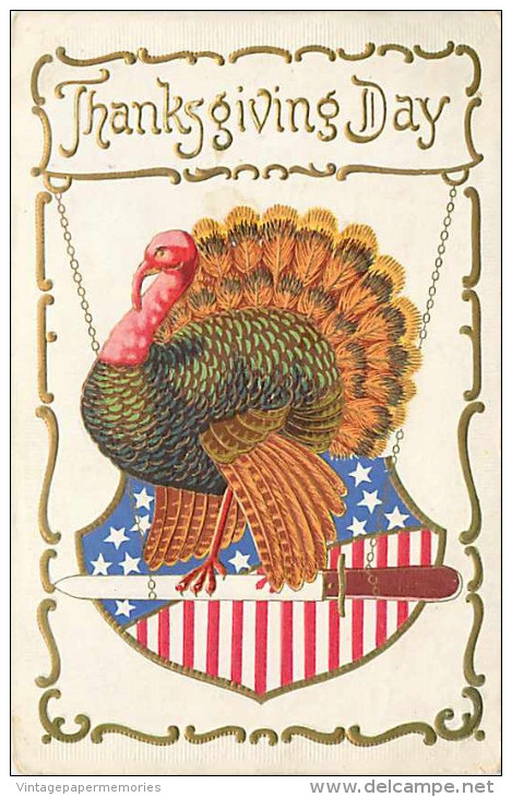 147117-Thanksgiving, Unknown No UP03-2, Turkey Standing On A Knife Swing With Patriotic Shield In The Background - Thanksgiving