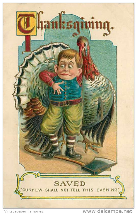 147121-Thanksgiving, Albrecht & Meister No AMB01-2, Scared Boy Standing On An Axe Handle Next To A Turkey - Thanksgiving