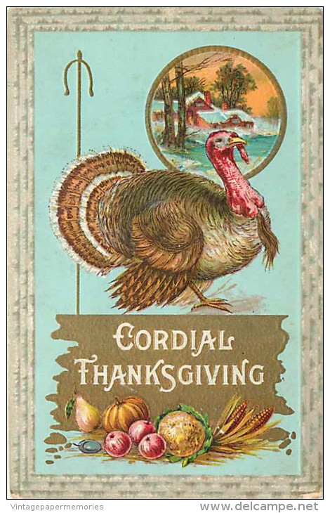 147126-Thanksgiving, Barton & Spooner No 33A-1, Turkey, House In Circle, Vegetables - Thanksgiving