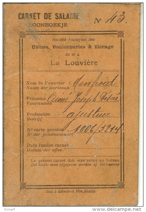 CARNET DE SALAIRE / LOONBOEKJE De La Louviere 1930 - Historische Documenten