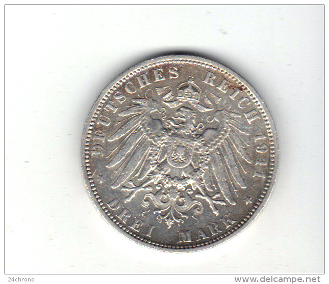 Allemagne: Otto Koenig Von Bayern, Deutsches Reich, 1911, Drei Mark, 3 Mark, Argent, Silver, Silber (14-1644) - 2, 3 & 5 Mark Zilver