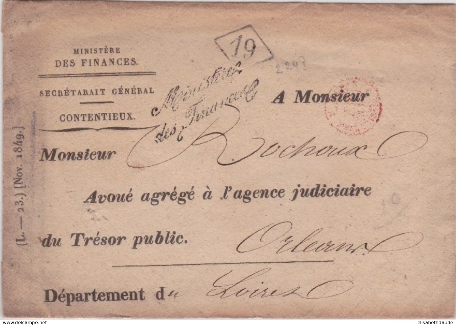 1850 - ENVELOPPE En FRANCHISE Du MINISTERE DES FINANCES  à PARIS Pour ORLEANS - Lettres Civiles En Franchise