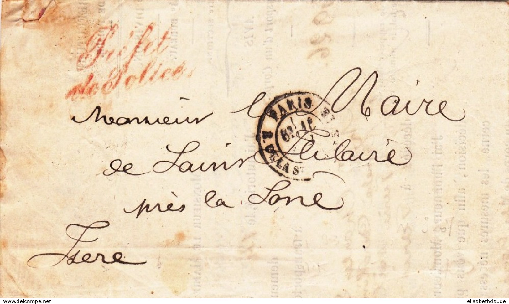 1872 - LETTRE En FRANCHISE Du PREFET De POLICE à PARIS Pour ST HILAIRE PRES LA SONE (ISERE) - AVIS TRANSPORT D'UN CORPS - Lettres Civiles En Franchise