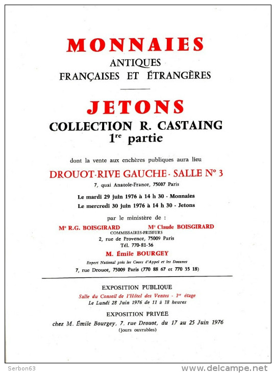 MONNAIES JETONS DE COLLECTION R. CASTAING CATALOGUE DROUOT JUIN1976 NUMISMATIQUE VENTE PUBLIQUE SUR OFFRES - Français