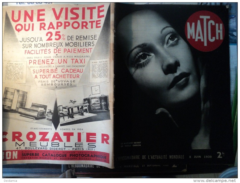 MATCH DU 8 JUIN 1939. LE MARIAGE SECRET DE MERLE OBERON... PUB MEUBLES CROZATIER AU 4° PLAT / TORONTO A SALUE LA REINE - Autres & Non Classés