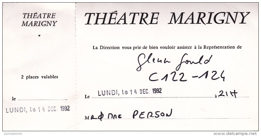 Hommage à Glenn Gould Au Théâtre MARIGNY - Invitation Le Lundi 14 Décembre 1992 - Tickets De Concerts