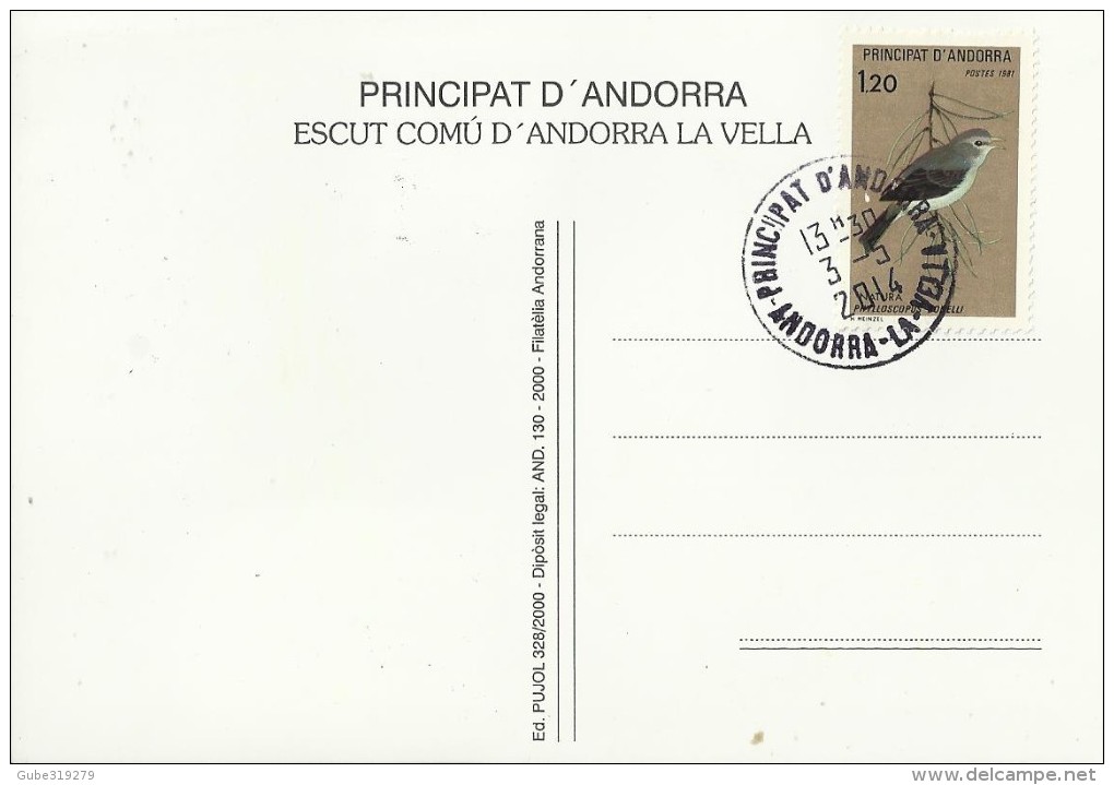 ANDORRA 2014 - SPECIAL CARD BIRD / OISEAU - TINTIPELLA (CYANISTES CAERULEUS ON CARD OF ANDORRA LA VELLA STAMP OF 0,66 € - Ungebraucht