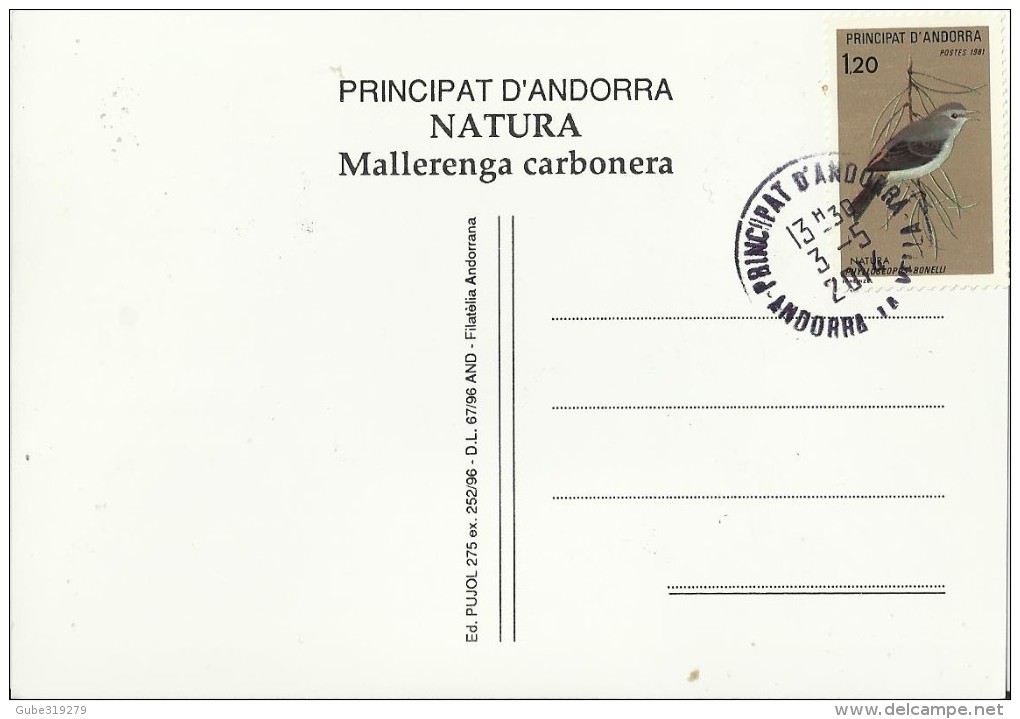 ANDORRA 2014/1996 -UNIQUE  SPECIAL CARD BIRD / OISEAU - TINTIPELLA (CYANISTES CAERULEUS ON CARD OF BIRD OF 1996 FDISSUE - Neufs