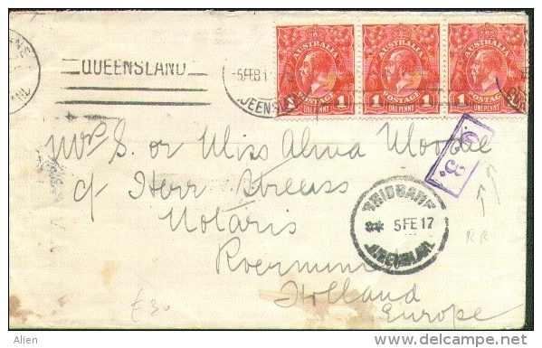 1 Penny Red X 3 On Cover Brisbane Queensland To Holland 1917 + Violet Censor Roermond "G 3 ". Rare !!! - Covers & Documents