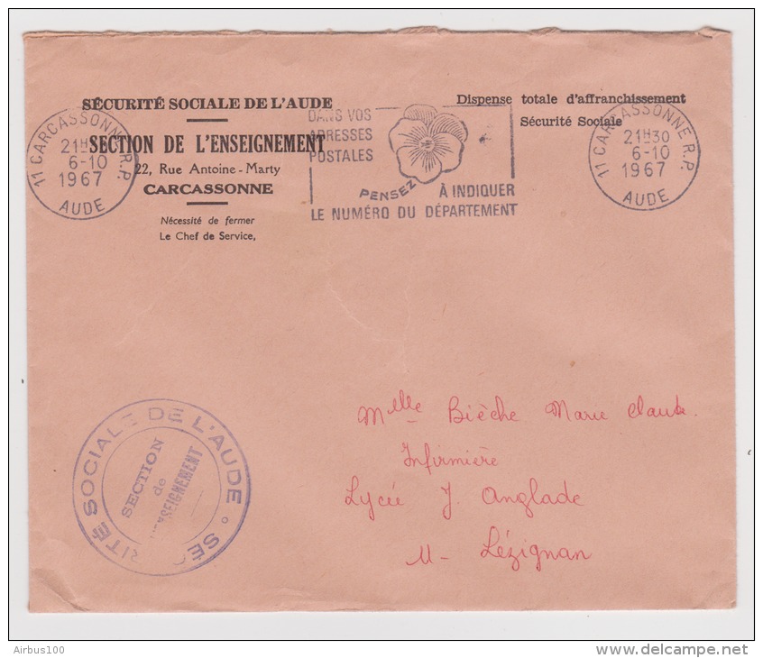 Enveloppe 6 Octobre 1967 - Sécurité Sociale De L'Aude  Section Enseignement - Carcasonne - - Cachets Généralité