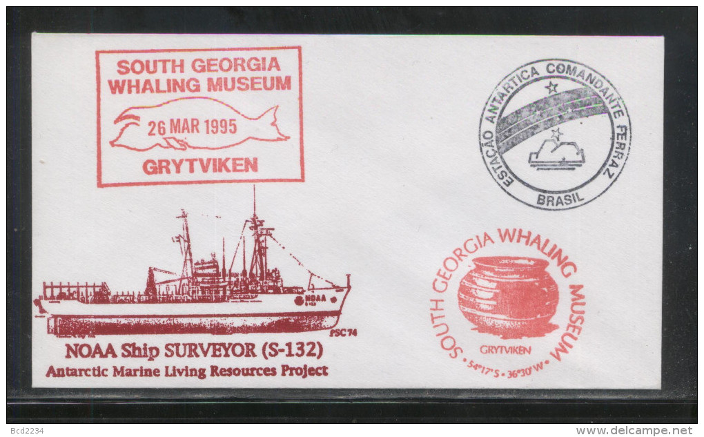 SOUTH GEORGIA WHALING MUSEUM GRYTVIKEN NOAA SHIP SURVEYOR COVER ESTACAO ANTARCTICA COMMANDANTE FERRAZ BRASIL - Faune Antarctique