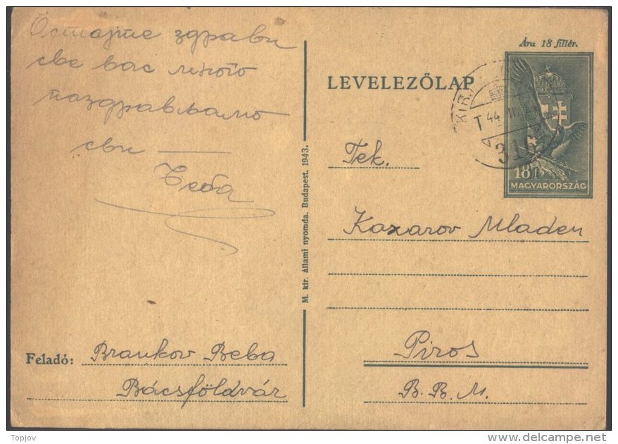HUNGARY - SERBIA - MOZGOPOSTA  No. 316 - Backo Gradiste To  Rumenka - OCCUPATION VOJVODINA - 1944 - Lettres & Documents