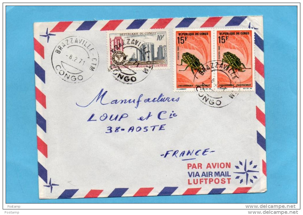 MARCOPHILIE-lettre-Congo- Pour Françecad -1971-3stamp N°273insect-polyphenus+23 9 Cimenterie Loutete - Oblitérés