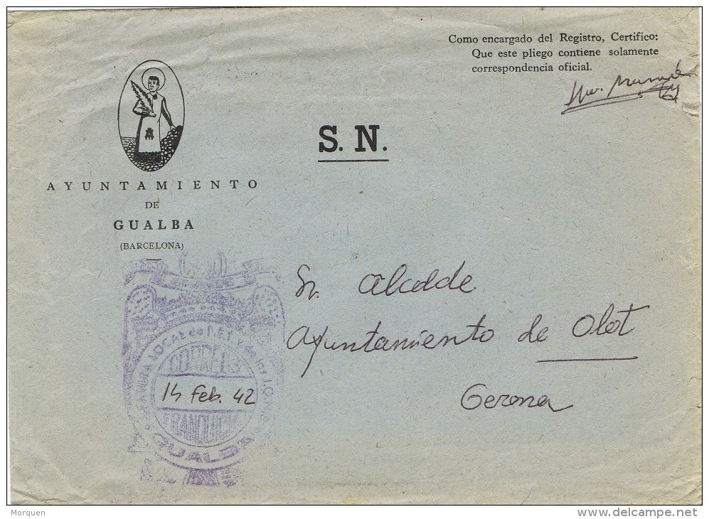 8153. Carta GUALBA (barcelona) 1942. Franquicia Ayuntamiento - Lettres & Documents