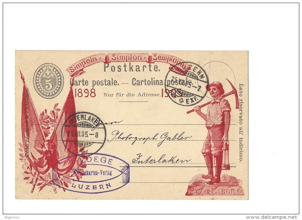 9336 - RARE Simplon 1905 Avec Impression Rouge  Luzern 25.07.1905 (cote 600 CHF) - Entiers Postaux