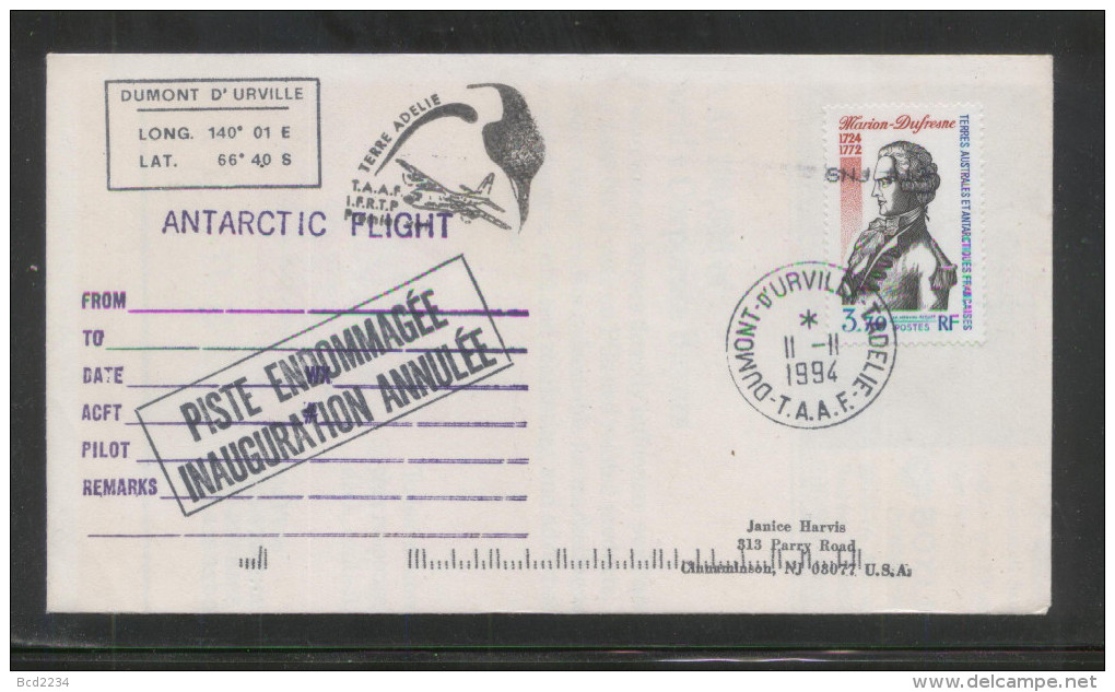 TAAF FRENCH SOUTHERN & ANTARCTIC LANDS 1994 TERRE ADELIE ANTARCTIC FLIGHT Airplane Planes - Polar Flights