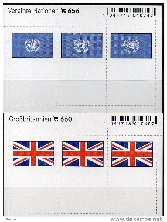 2x3 In Farbe Flaggen-Sticker Großbritannien+UNO 7€ Kennzeichnung Von Alben Karten Sammlungn LINDNER 660+656 Flags UK ONU - Stock Sheets