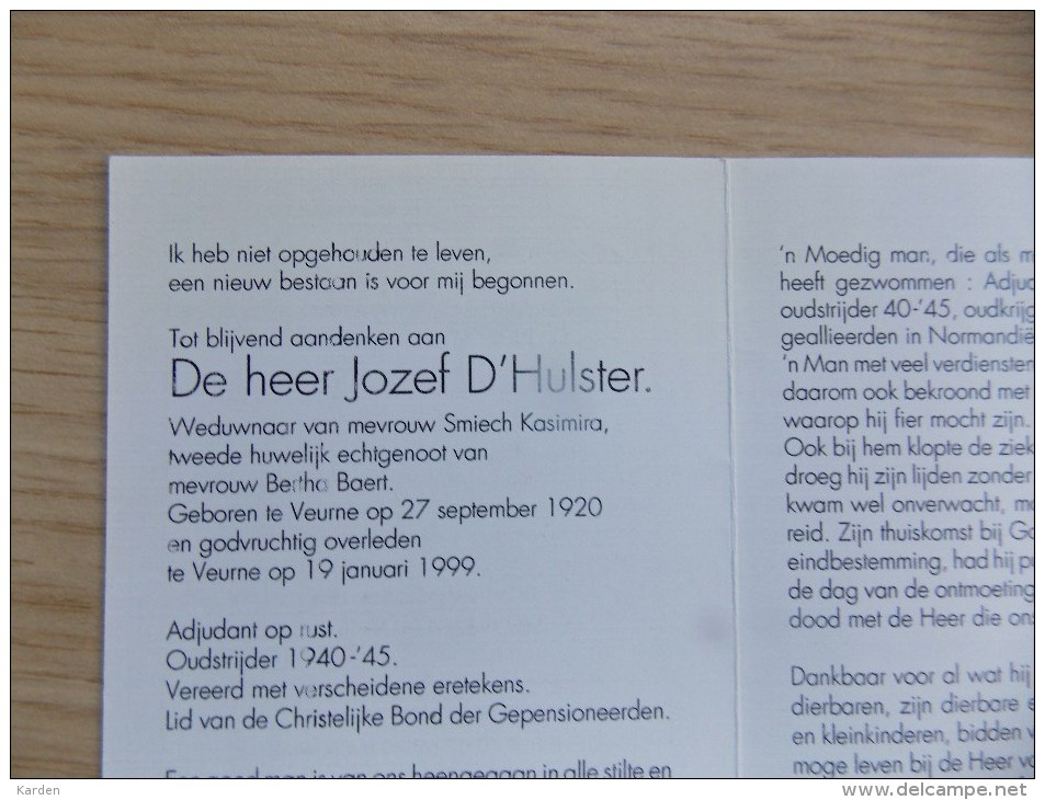 Doodsprentje Jozef D'Hulster Veurne 27/9/1920 - 19/1/1999 ( Smiech Kasimira En Bertha Baert ) - Religione & Esoterismo