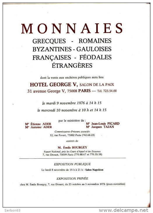 MONNAIES DE COLLECTION ANCIENNES CATALOGUE NOVEMBRE 1976 HOTEL GEORGES V PARIS NUMISMATIQUE VENTE AUX ENCHERES - Français