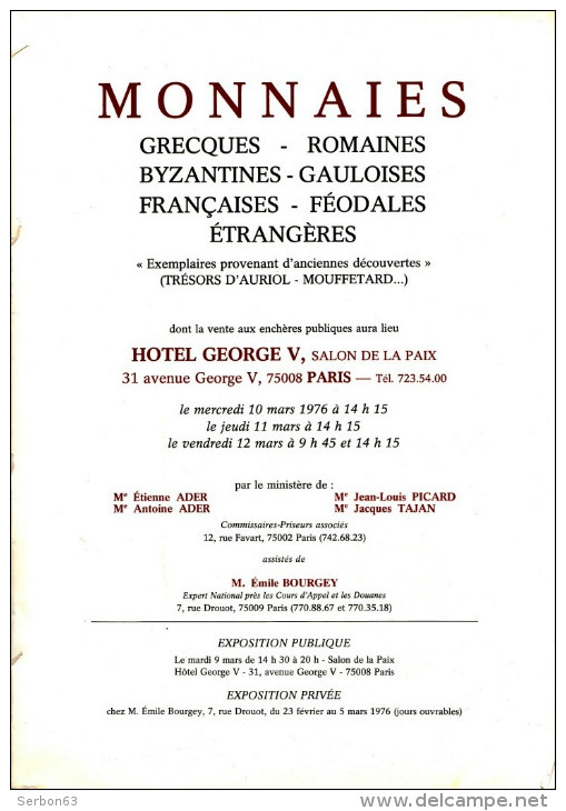 MONNAIES DE COLLECTION ANCIENNES CATALOGUE 10, 11 ET 12 MARS 1976 HOTEL GEORGES V PARIS NUMISMATIQUE VENTE AUX ENCHERES - French