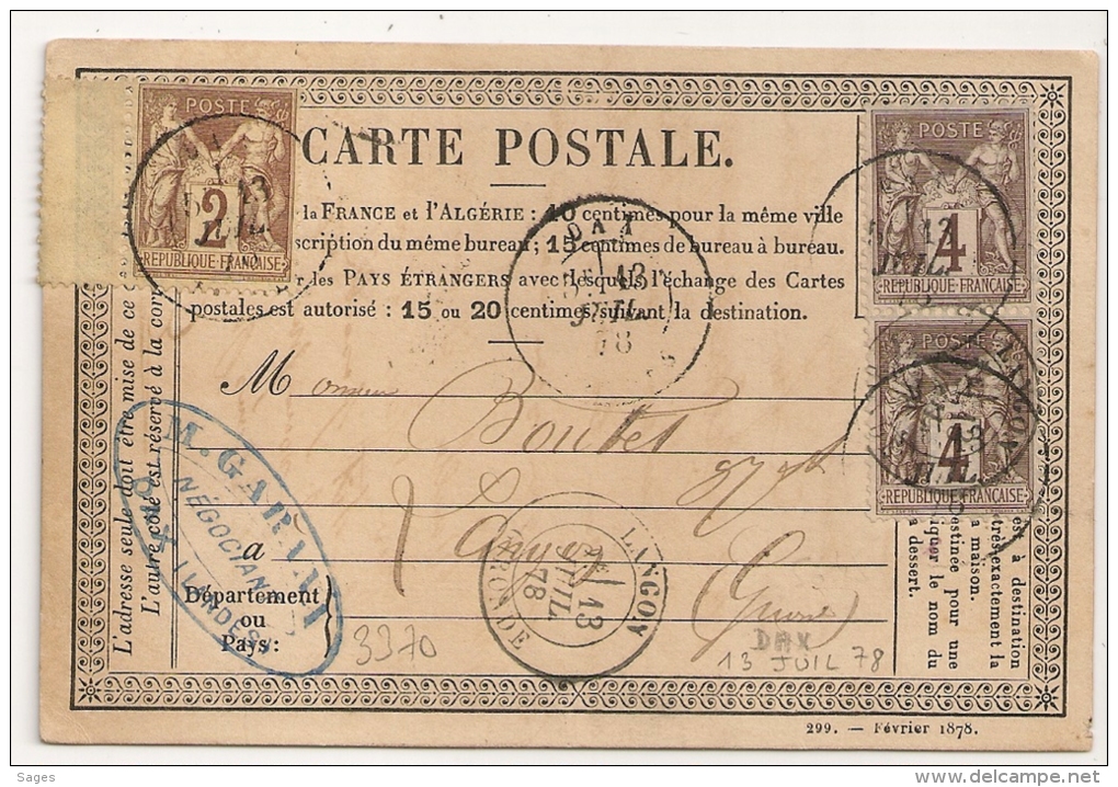 RARE Affranchissement à 10c Sur Carte Postale De DAX Landes. Paire 4c Luxe. - 1877-1920: Periodo Semi Moderno