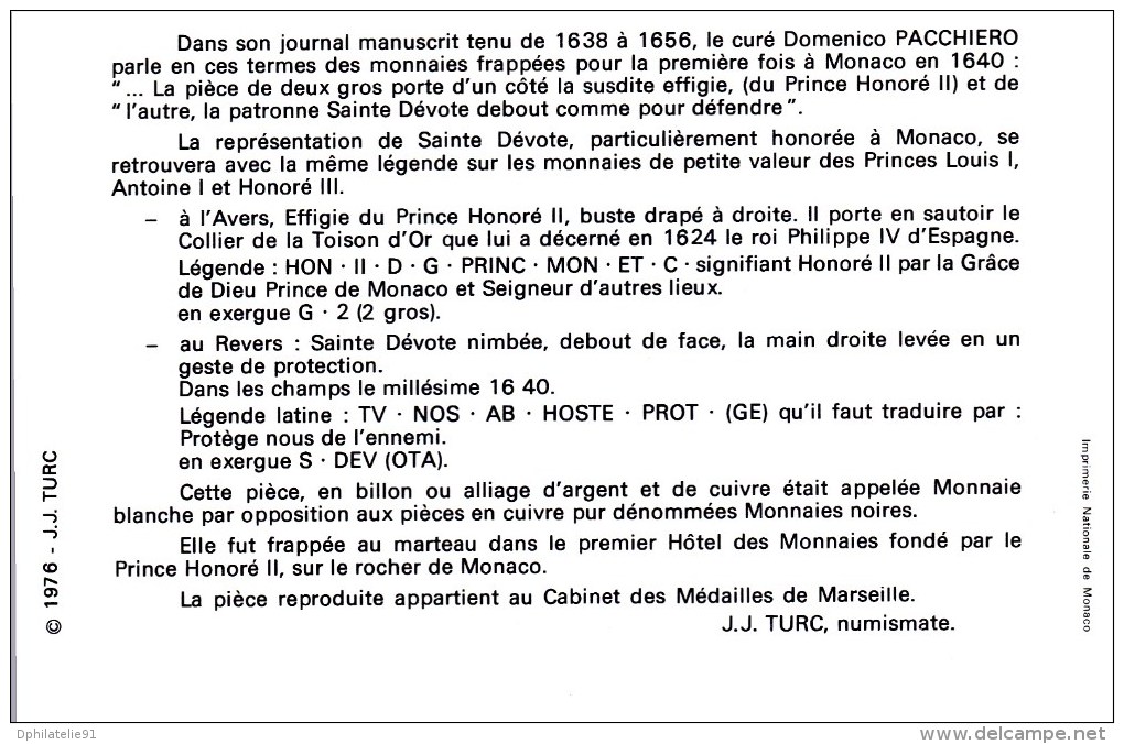 Monaco-1976-Reproduction Du 2 Gros à L&acute;effigie D&acute;Honoré II (1640)-Document Office Des Emissions De Timbres-P - Covers & Documents