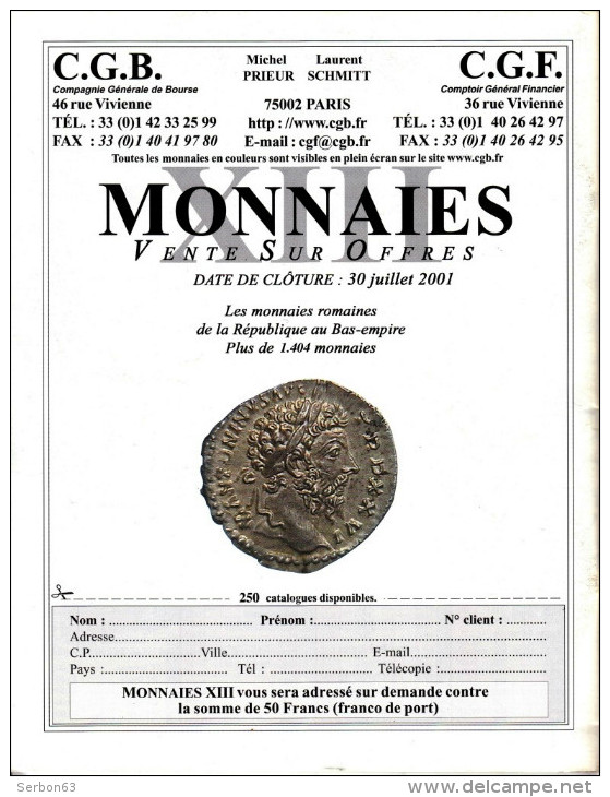 COLLECTION CATALOGUE EDITION NUMISMATIQUE ET CHANGE 2001 N° 318 NUMEROTATION DES BILLETS FRANCAIS, COTE DES BOITES, FFI - French